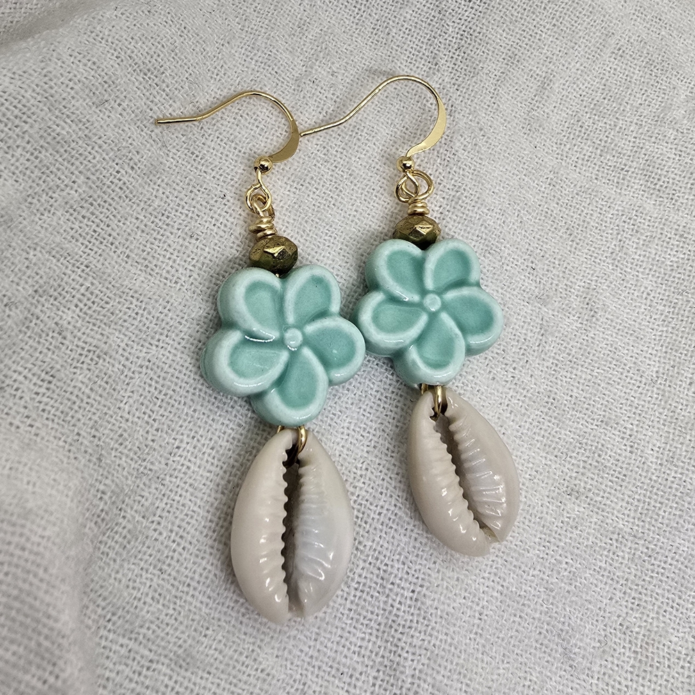 Mint Flower & Shell Drop Earrings with Gold Accents